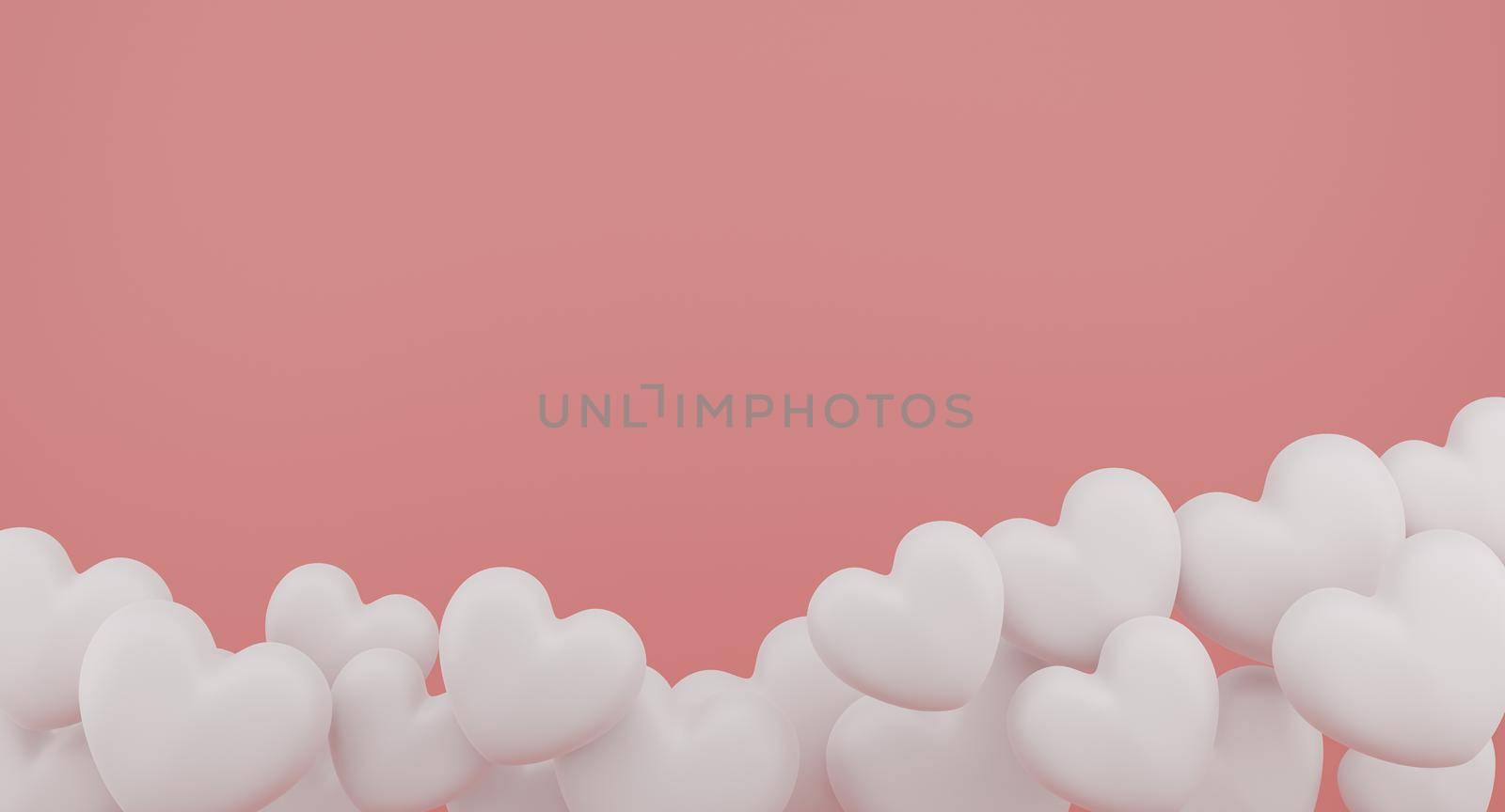 Valentine's Day concept, white hearts balloons on pink background. 3D rendering.