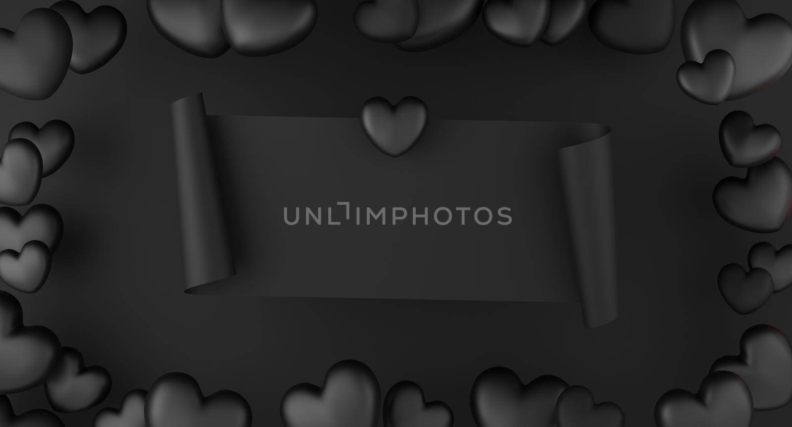 Valentine's Day concept, black hearts balloons with banner on black background. 3D rendering.