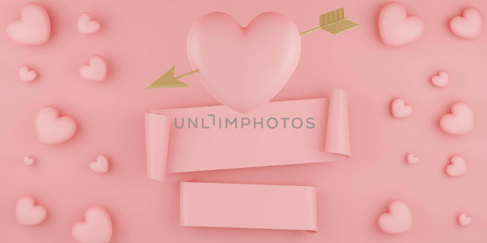 Valentine's Day concept, pink hearts balloons with gold arrow and banner on pink background. 3D rendering. by sirawit99