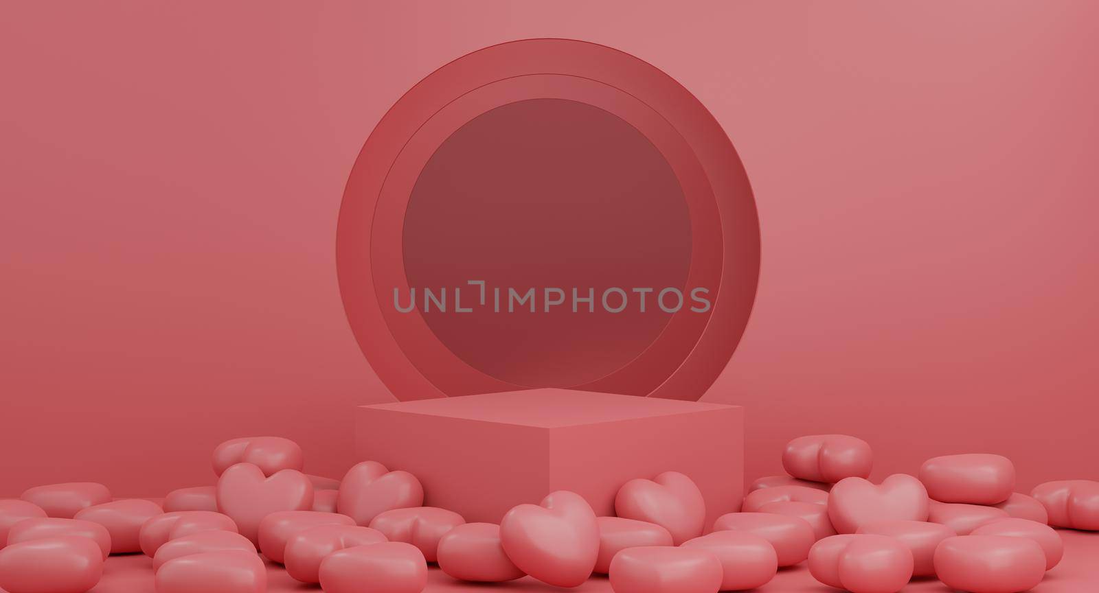 Valentine's Day concept, pink hearts with pedestal with round window on pink wall background. 3D rendering. by sirawit99