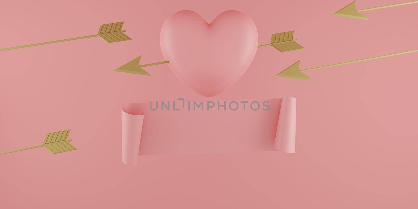 Valentine's Day concept, pink hearts balloons with gold arrow and banner on pink background with empty space for text. 3D rendering. by sirawit99