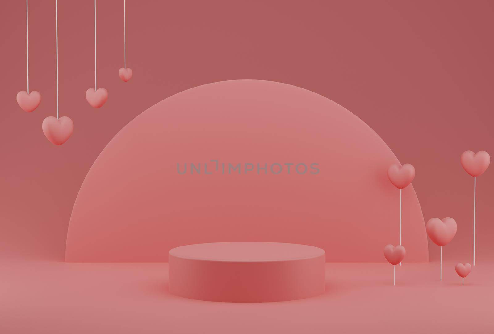 Valentine's Day concept, pink hearts balloons with pedestal and round backdrop on pink background. 3D rendering. by sirawit99