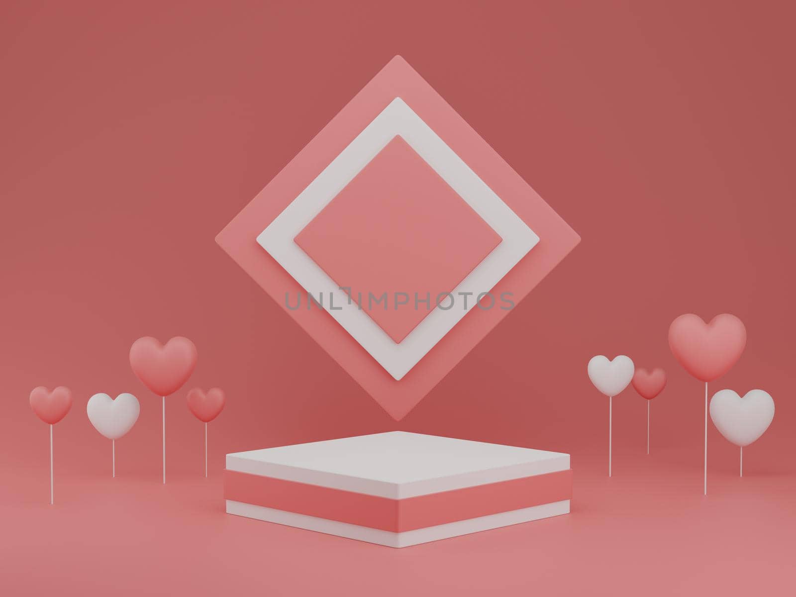 Valentine's Day concept, white and pink hearts balloons with pedestal on pink background with empty space for text. 3D rendering. by sirawit99