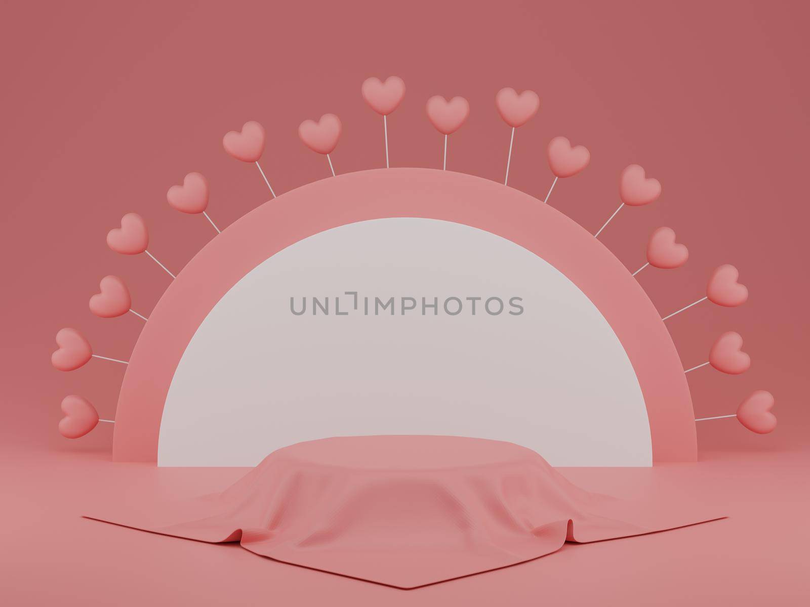 Valentine's Day concept, pink hearts balloons with round shape backdrop and pedestal on pink background. 3D rendering.