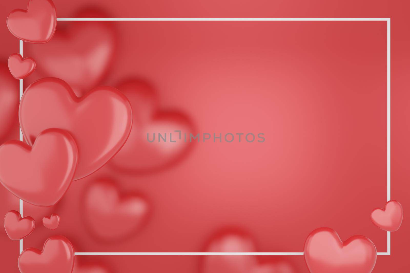 Valentine's Day concept, red hearts balloons on red background. 3D rendering. empty space for text. by sirawit99