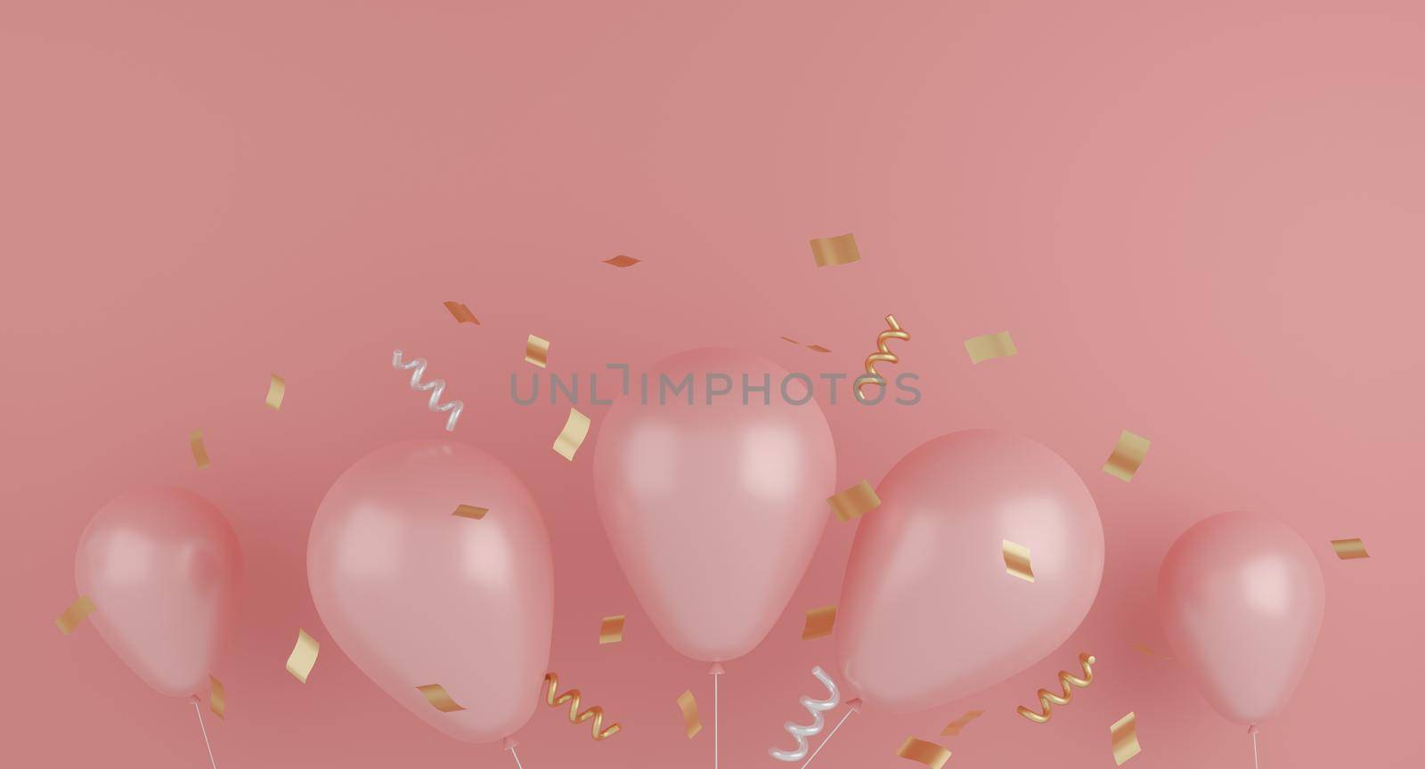 Ballon with ribbon, on pink color background. Birthday, anniversary decorative. Festive concept. 3d rendering. by sirawit99