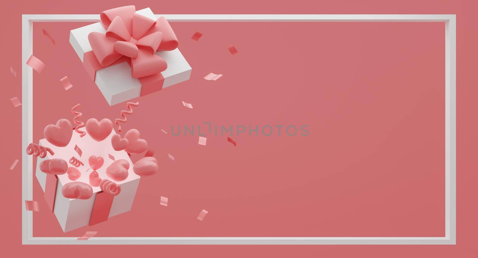 Mock up gift box with flying balloons hearts on pink color background. Festive concept. 3d rendering. by sirawit99