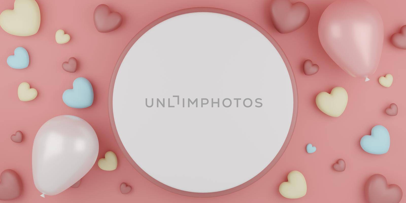 Valentine's Day concept pastel hearts balloons with pedestal and round backdrop on pink background. 3D rendering. by sirawit99