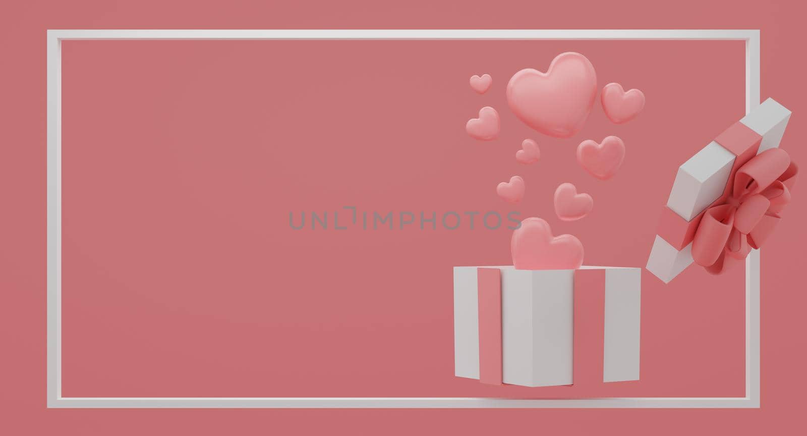 Mock up gift box with flying balloons hearts on pink color background. Festive concept. 3d rendering. by sirawit99