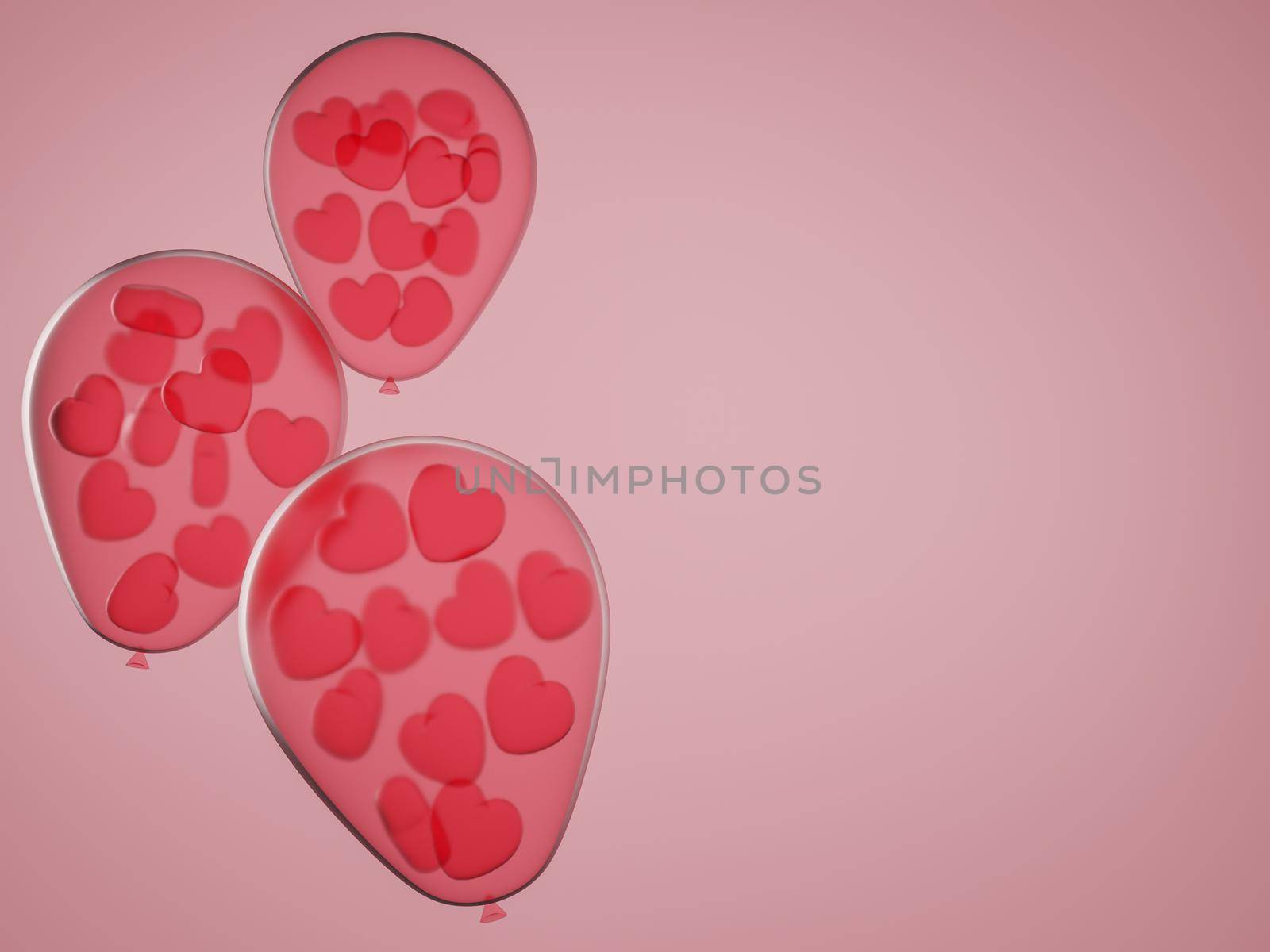 Valentine's Day concept, hearts in transparent balloons on pink background. 3D rendering. by sirawit99