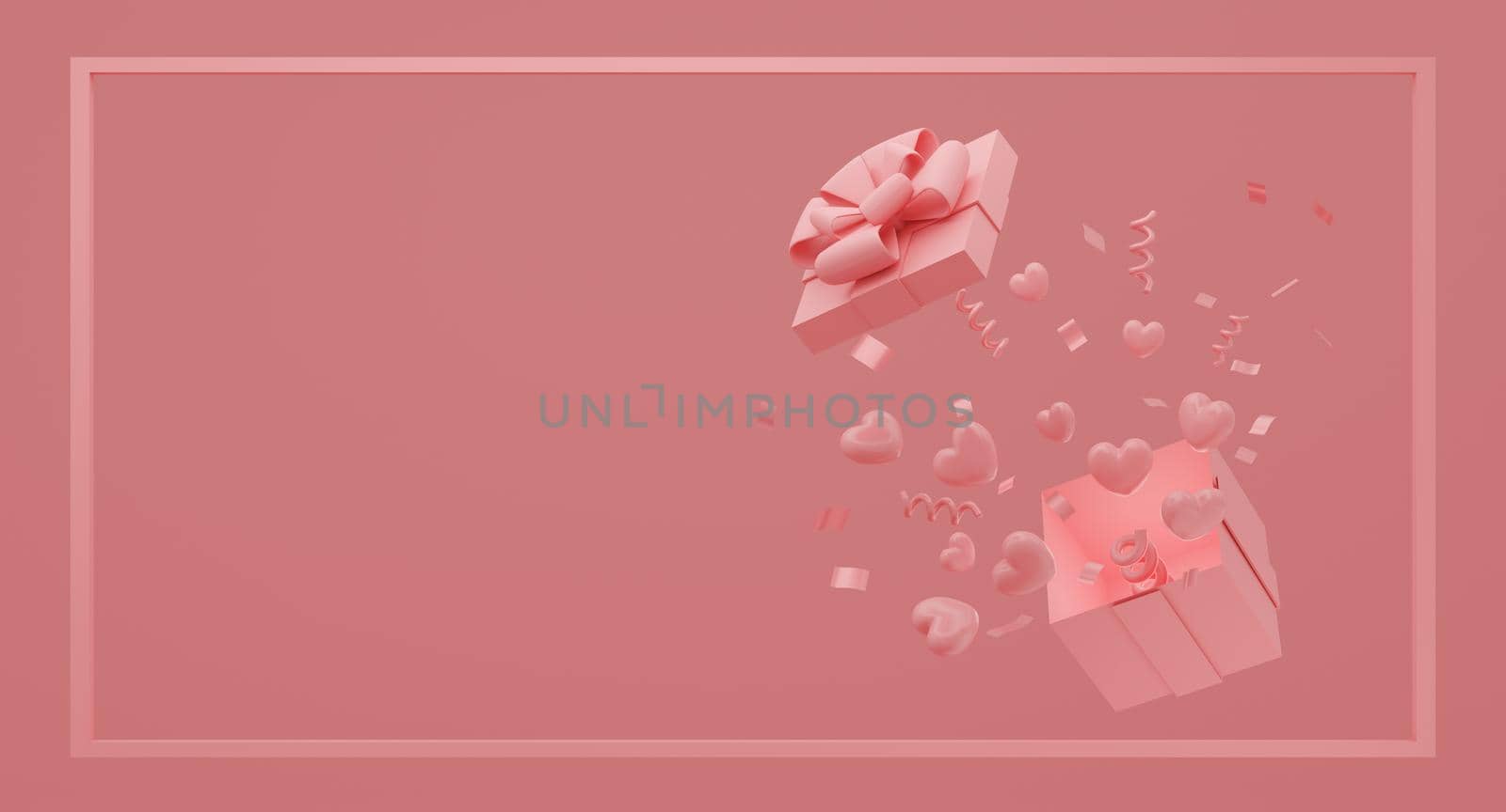 Mock up gift box with flying balloons hearts on pink color background. Festive concept. 3d rendering. by sirawit99