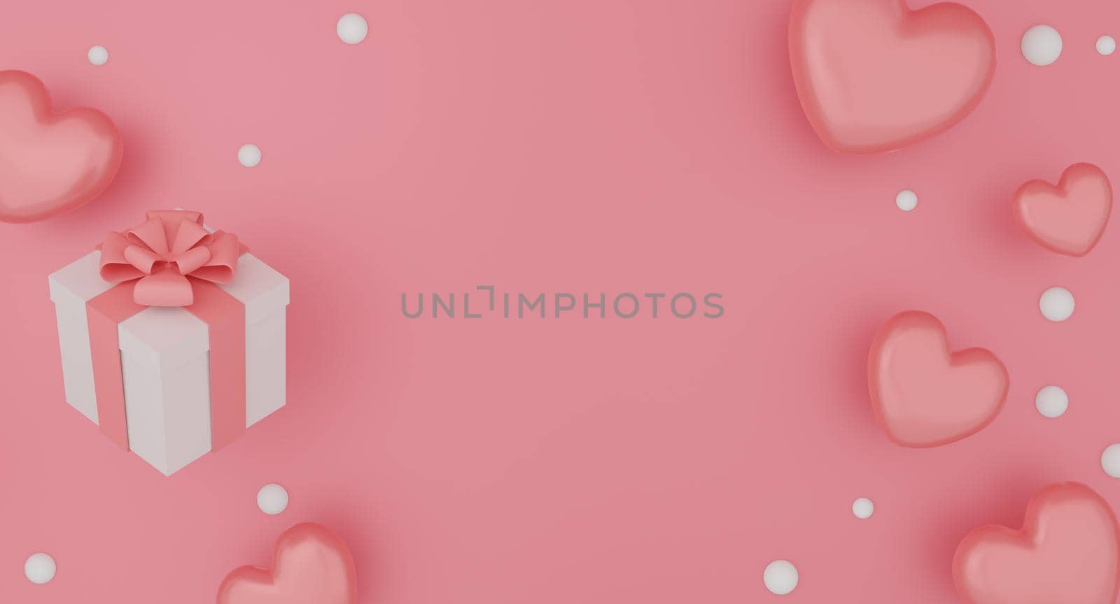 Mock up gift box, balloon heart on pink color background. Festive concept. 3d rendering.