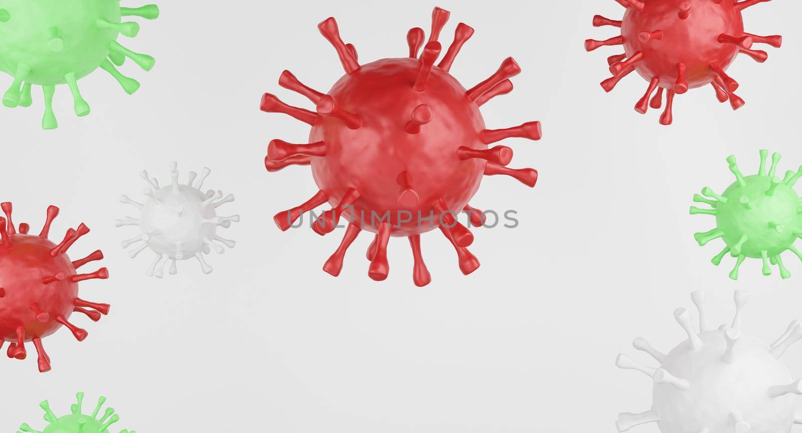 Red white and green corona virus cell isolated on white background. 3d rendering