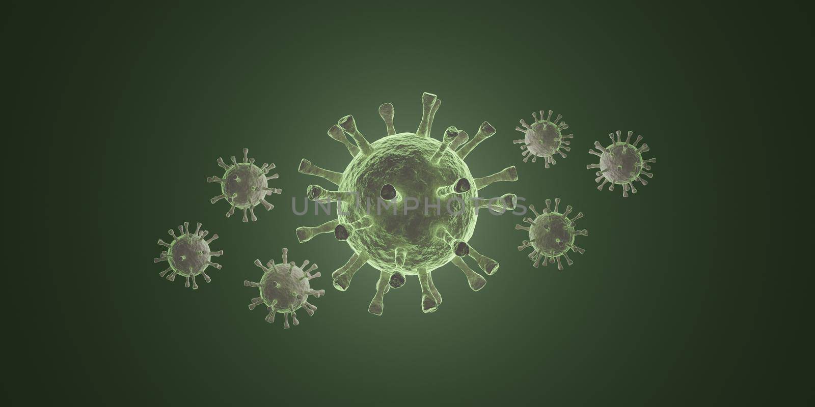 Green corona virus cell on green background. 3d rendering by sirawit99