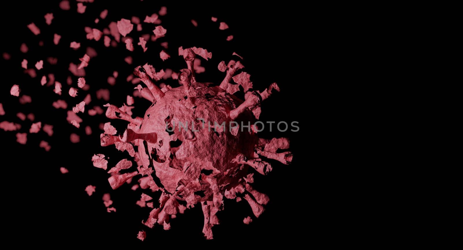 Eliminate of coronavirus. Corona virus breaking up into pieces. Treatment, vaccine or drug concept. 3D rendering.