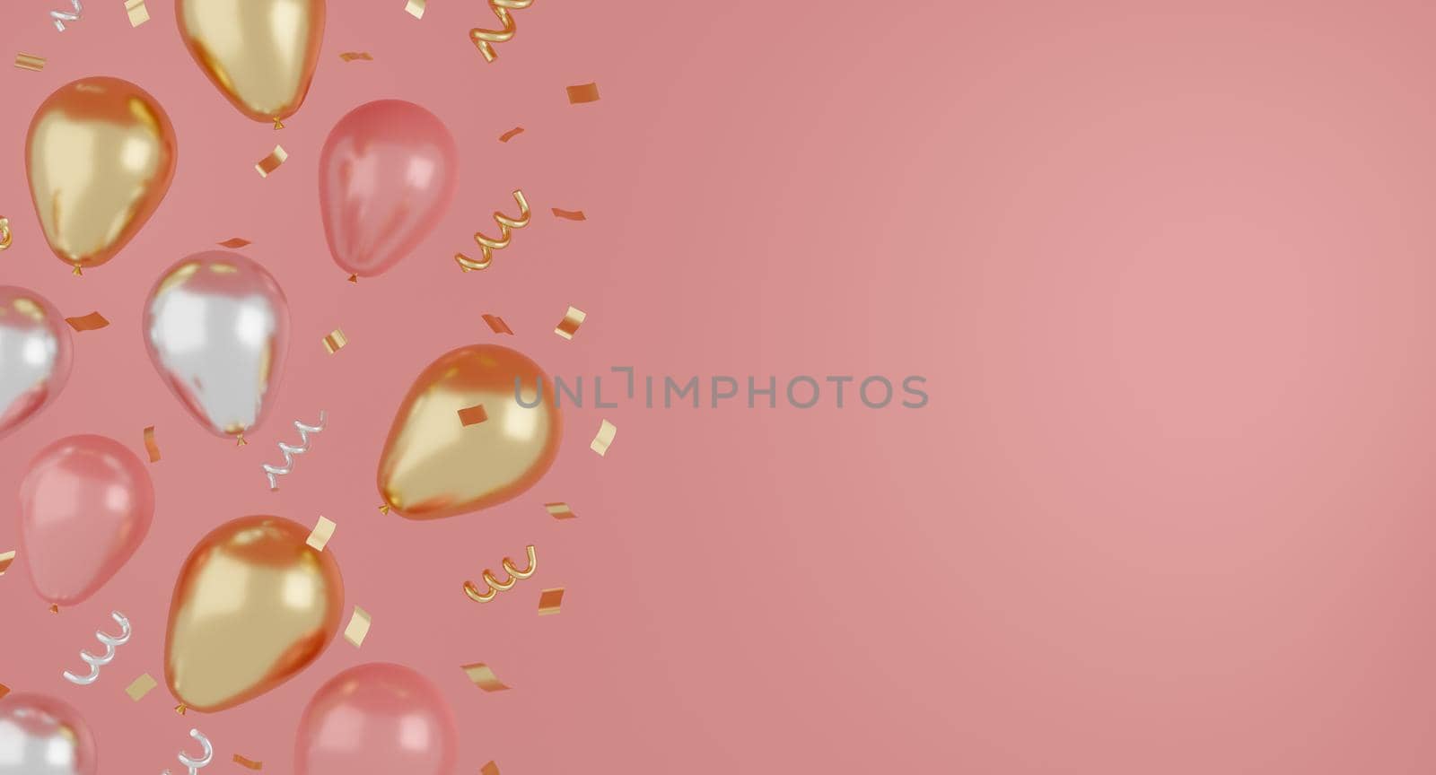 Festive realistic gold, pink and white balloons color with ribbon and gold glitter. Celebrate concept. 3d rendering.