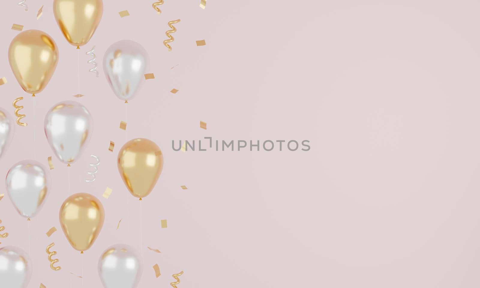 Festive realistic pink and white balloons color with ribbon and gold glitter. Celebrate concept. 3d rendering. by sirawit99