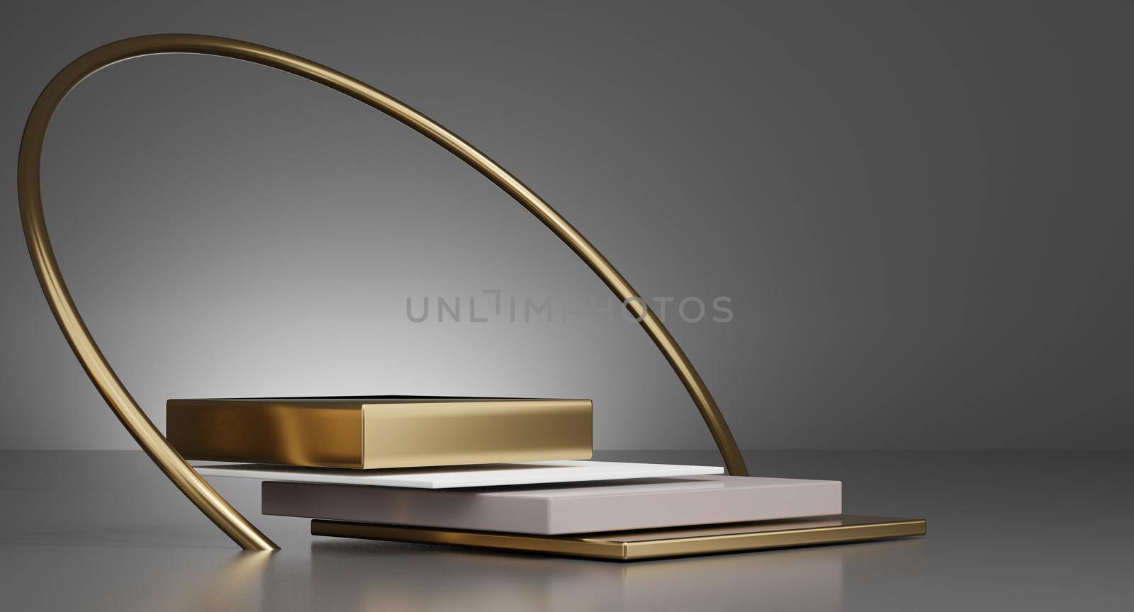 3D White and gold minimal podiums, pedestals, steps on the background and a round gold frame. Mock Up. 3d rendering.