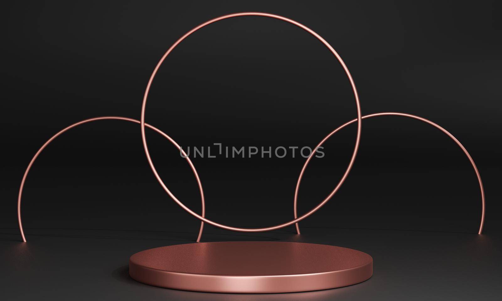 3D pink gold minimal podiums, pedestals, steps on the background and a round pink gold frame. Mock Up. 3d rendering.