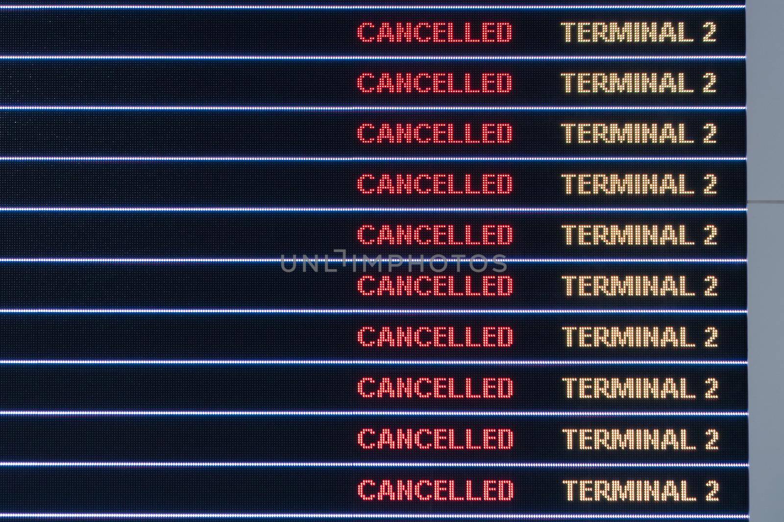 Flights cancellation status on flights information board in airport because coronavirus or pandemic effected. by sirawit99