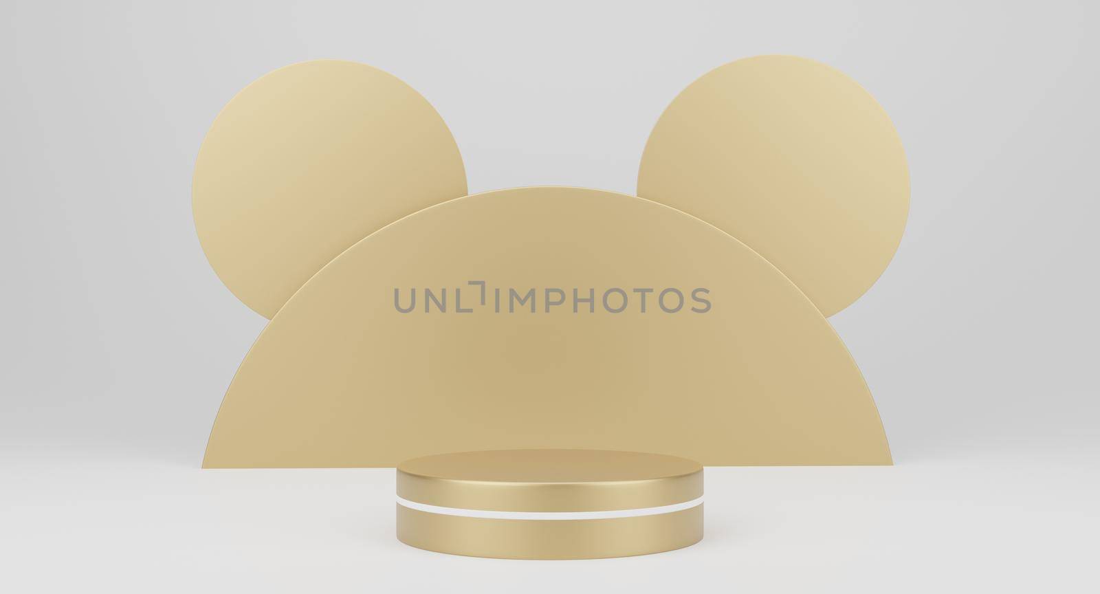 3D gold minimal podiums, pedestals, steps on white background and a round gold decoration. Mock Up. 3d rendering.