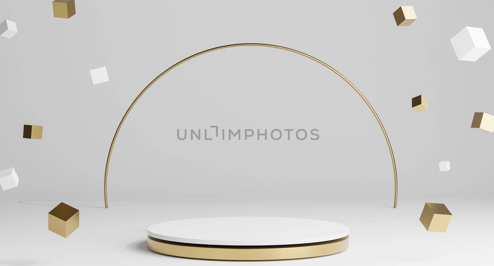 3D White and gold minimal podiums, pedestals, steps on the background and a round gold frame. Mock Up. 3d rendering.