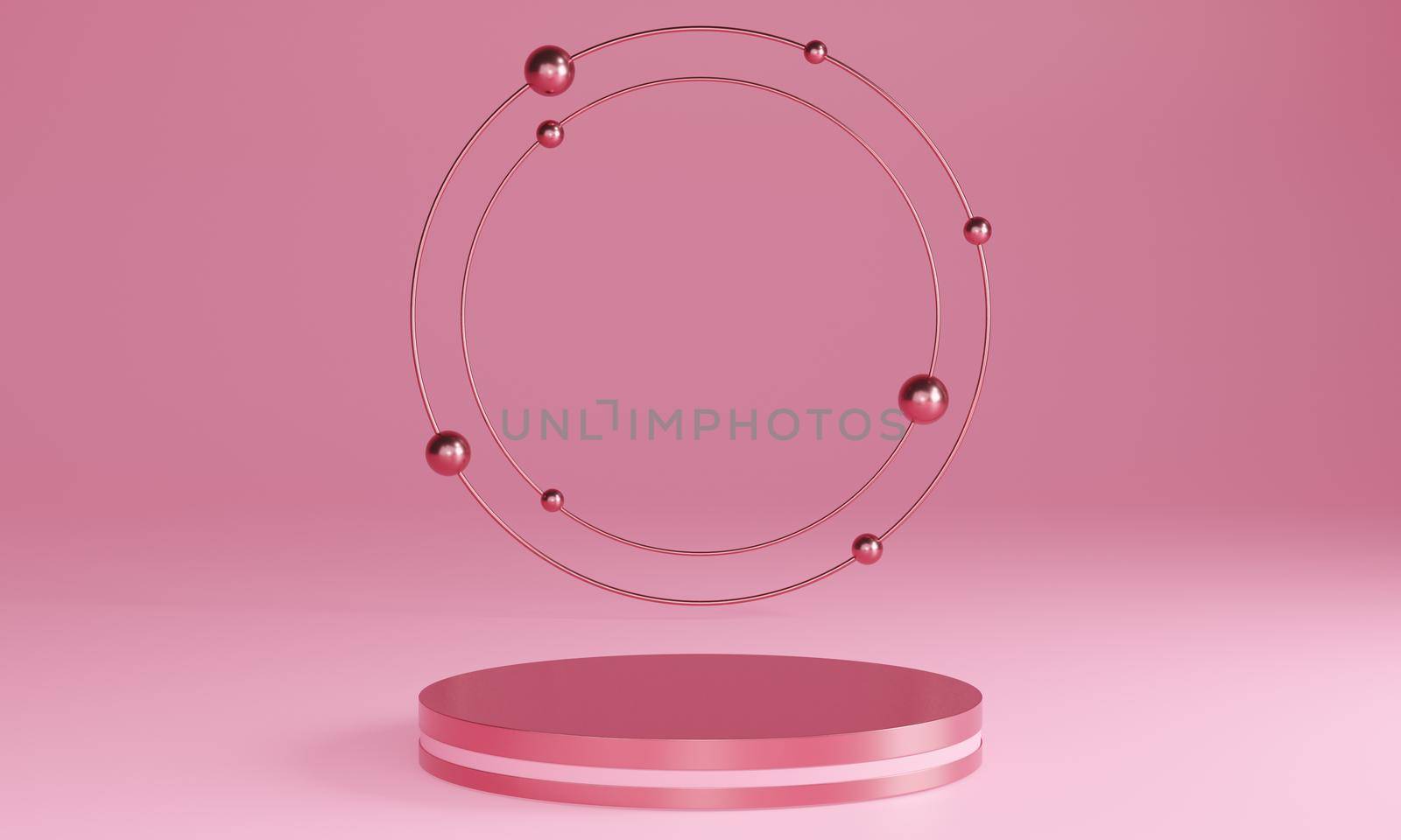 3D pink minimal podiums, pedestals, steps on the background and a round gold frame. Mock Up. 3d rendering.