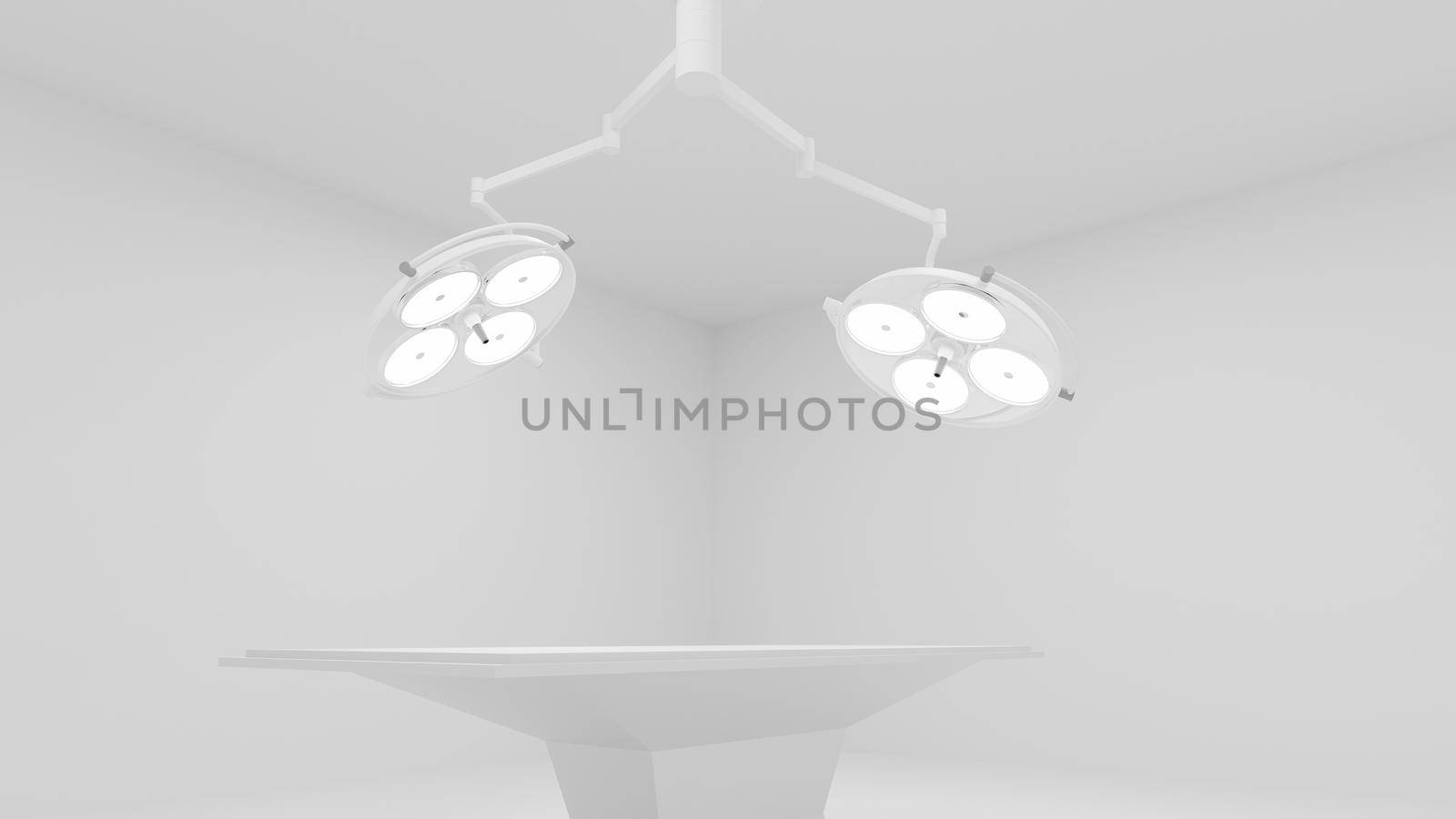 3D : surgery room with two illuminated medical lamps and empty bed. 3d rendering.