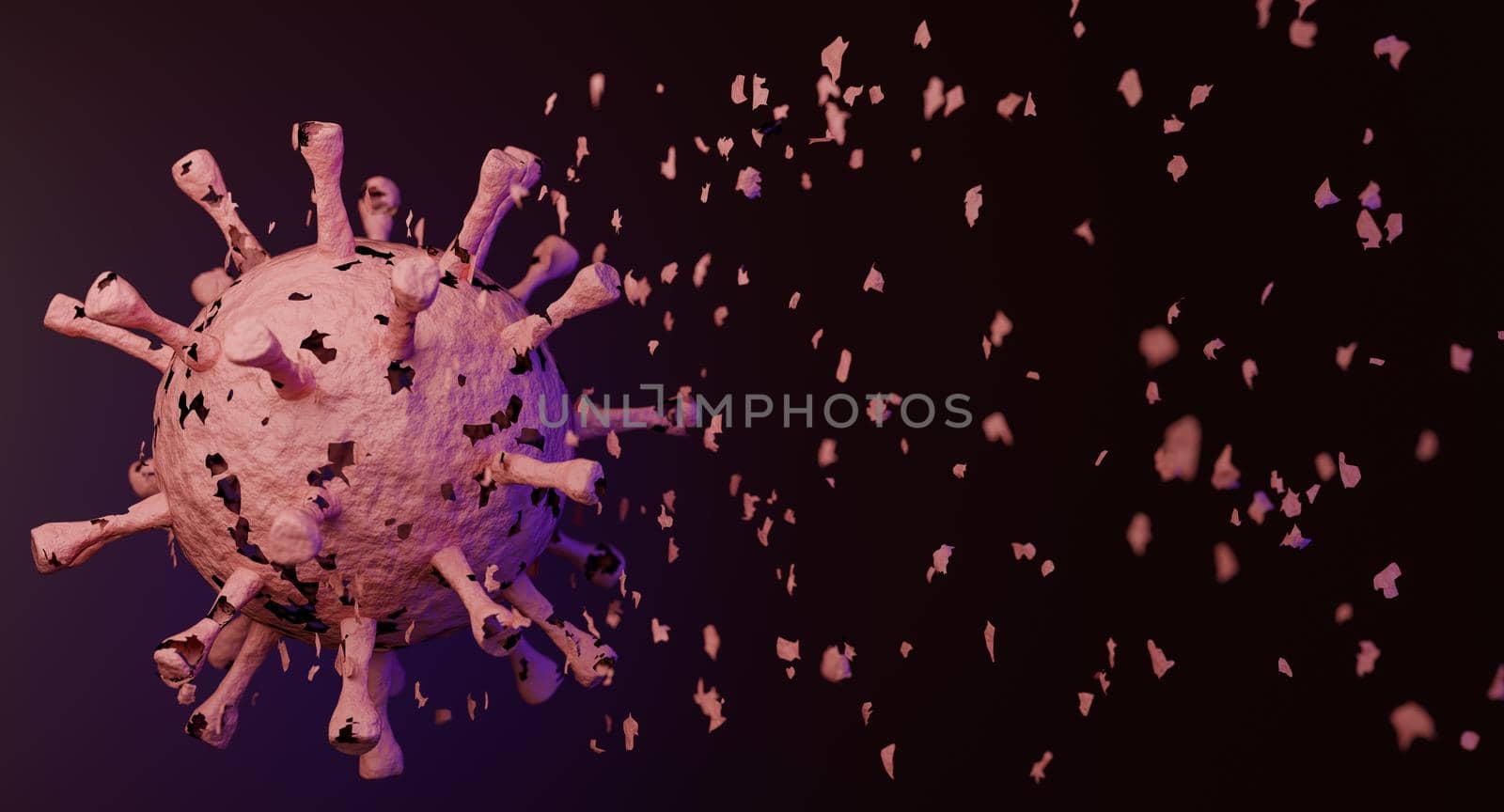 Eliminate of coronavirus. Corona virus breaking up into pieces. Treatment, vaccine or drug concept. 3D rendering. by sirawit99