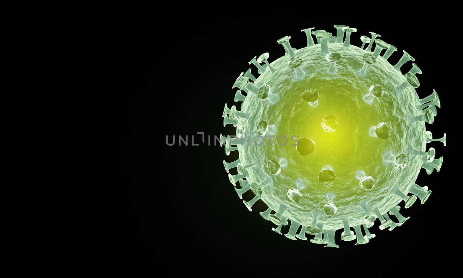 Green corona virus cell on black background. 3d rendering by sirawit99