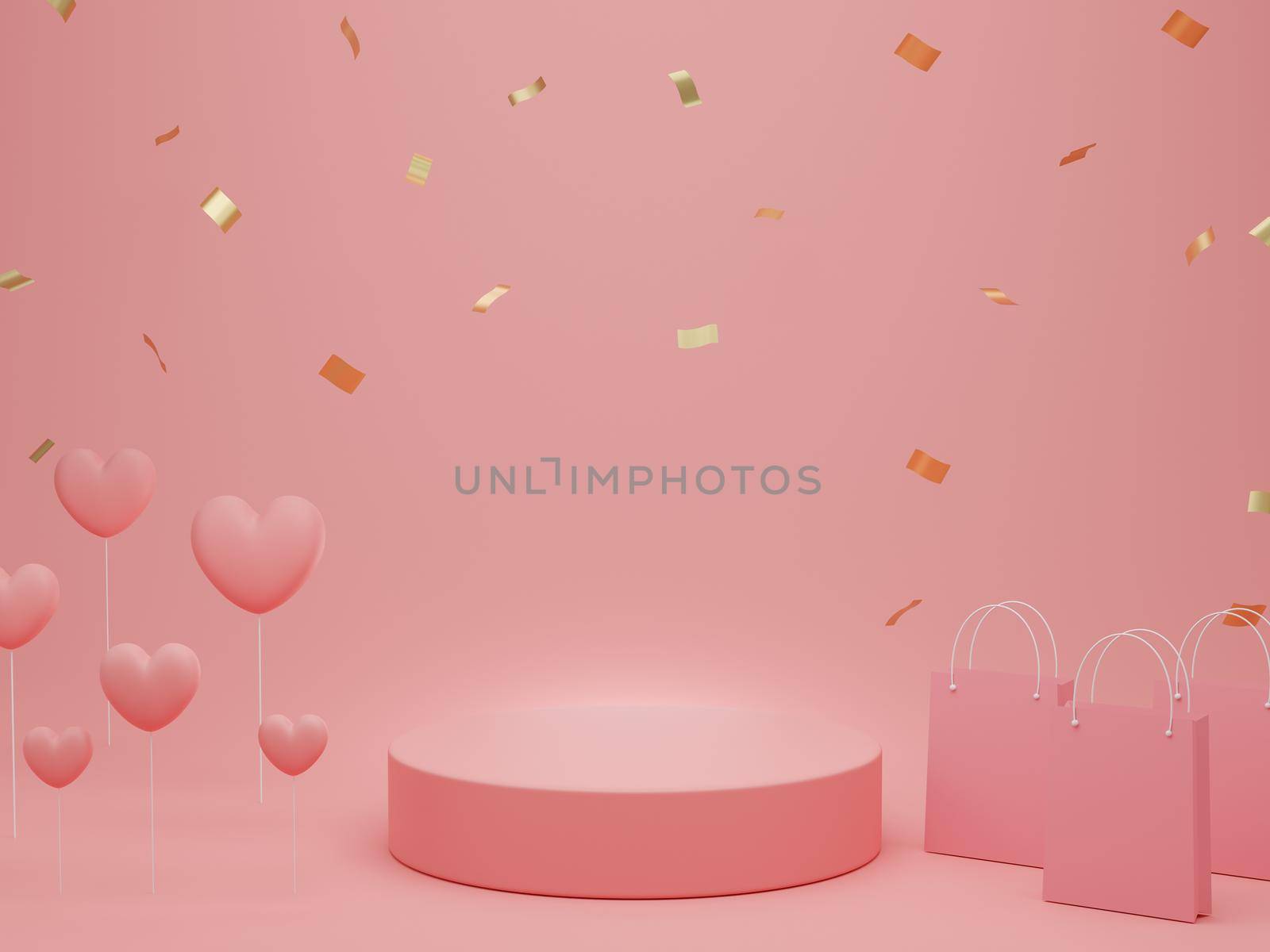 Valentine's Day : podium or product stand with hearts, shopping bag and gold glitter on pastel pink background with copy space. 3d rendering. by sirawit99