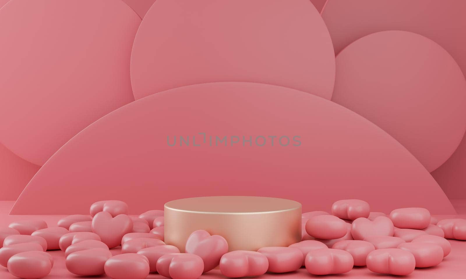 Valentine's Day : gold podium or product stand with hearts symbol of love on pastel pink background with copy space. 3d rendering.