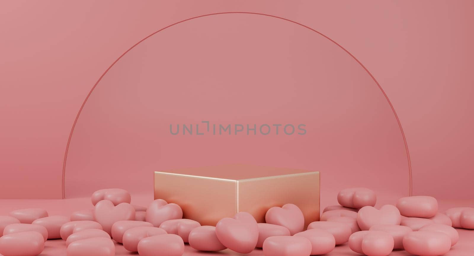 Valentine's Day : gold podium or product stand with hearts symbol of love on pastel pink background with copy space. 3d rendering. by sirawit99