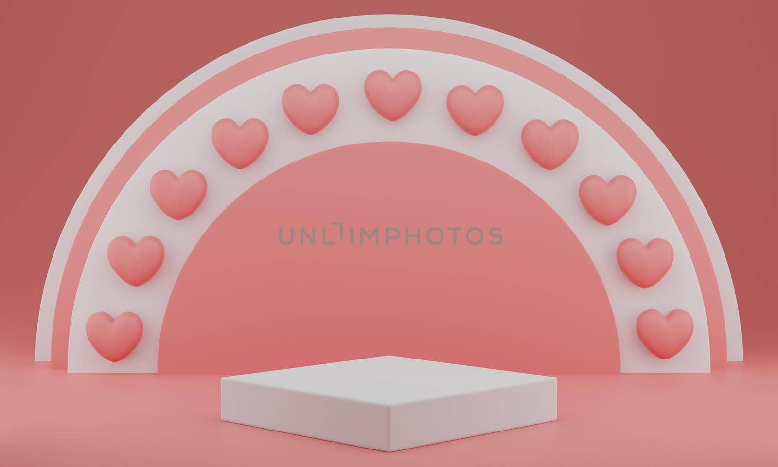 Valentine's Day : podium or product stand with hearts symbol of love on pastel pink background with copy space. 3d rendering. by sirawit99