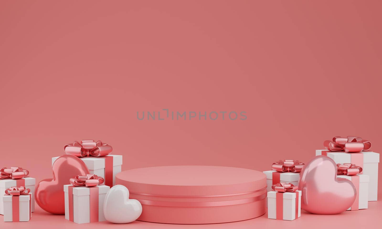 Valentine's Day : podium or product stand with hearts balloon and gift box on pastel pink background with copy space. 3d rendering.