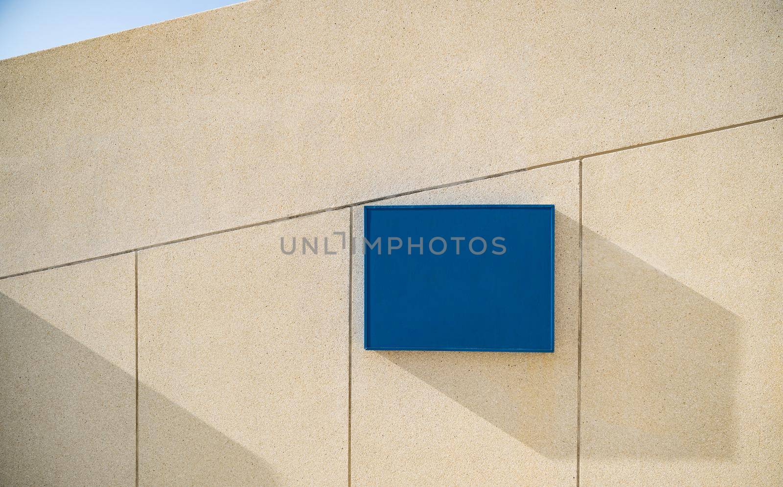 Blank store signage mockup.Shop template hanging mounted on the wall. Signboard for logo. by sirawit99