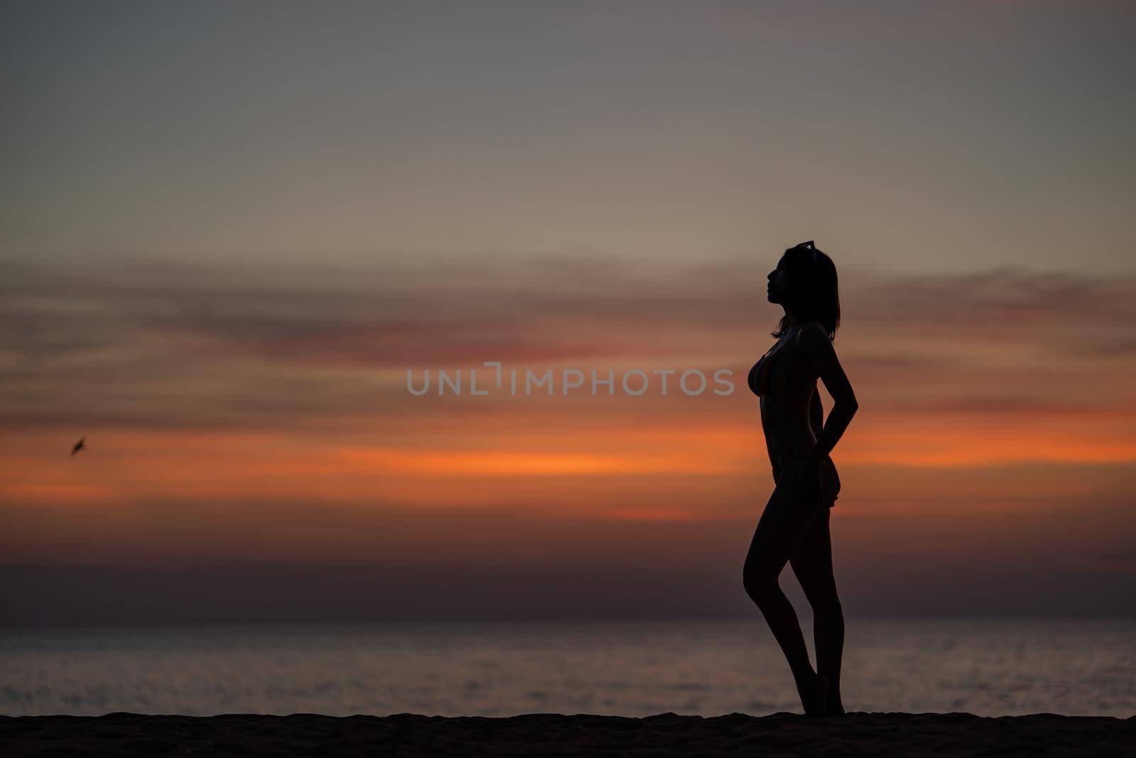 Silhouette portrait of woman wearing bikini on the beach, golden sunset moment. Holiday and travelling concept.