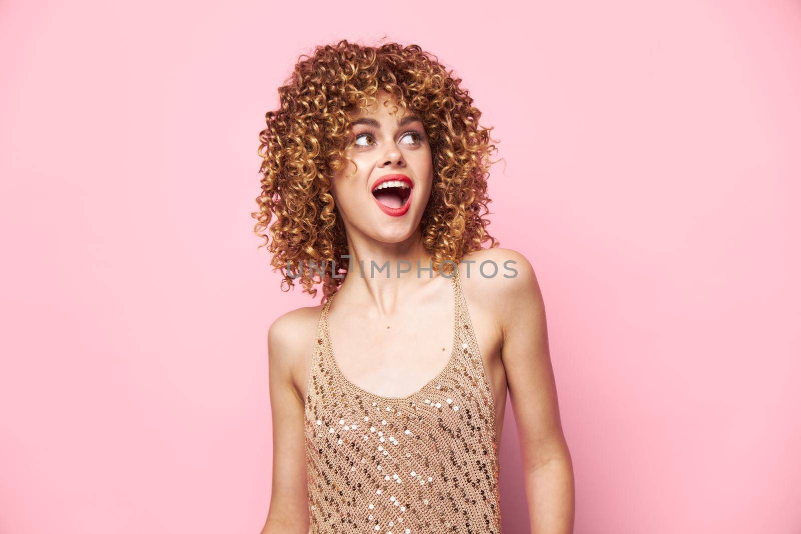 Charming model Curly hair makeup dress with sequins fashionable clothes close up