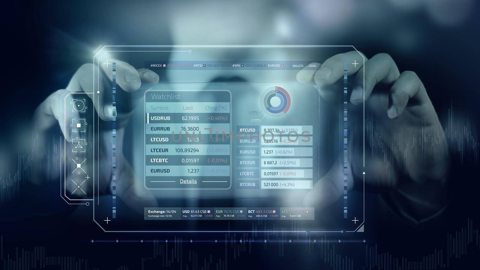 Holographic infographics on trading and the currency market on modern virtual background for business theme.