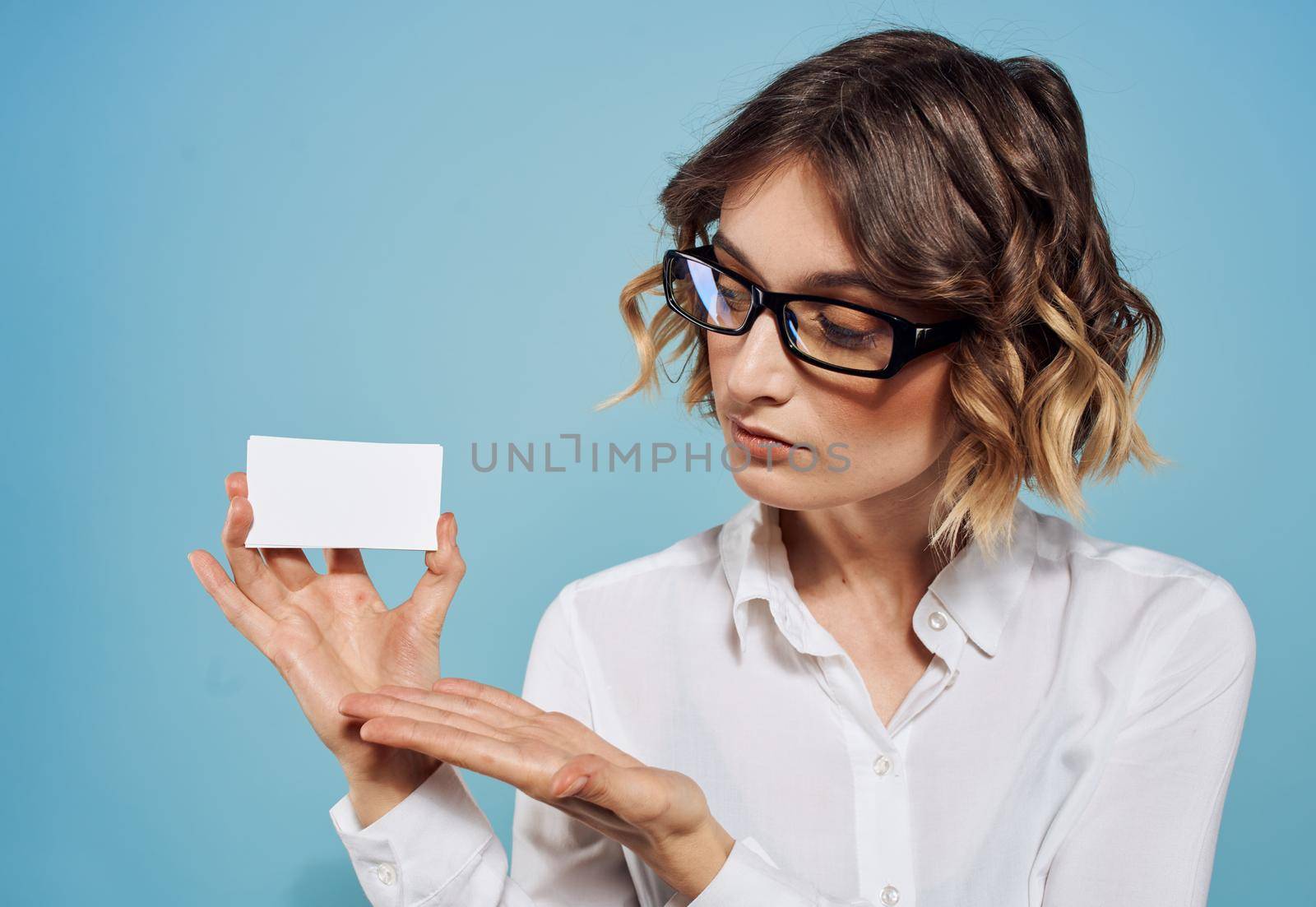 Credit card Business woman glasses mockup blue background. High quality photo