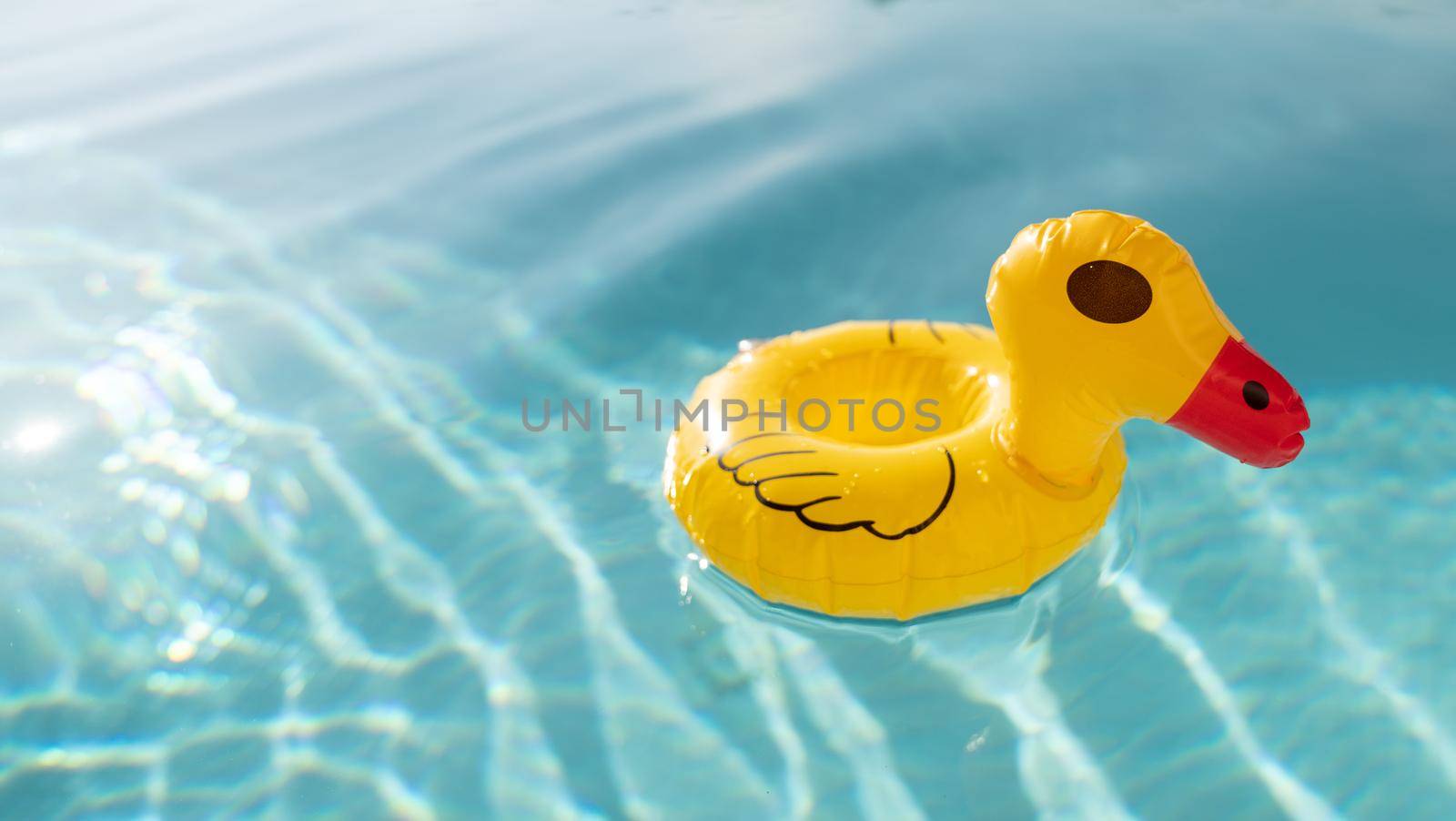 Cute yellow rubber duck floating on blue water in a pool. by sirawit99