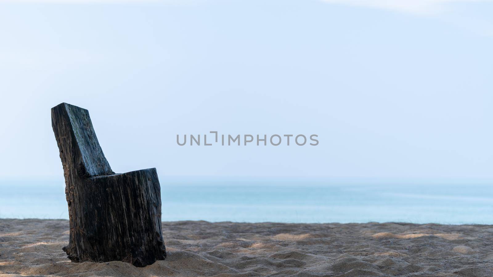 A timber chair stump on the sand beach by the sea. by sirawit99