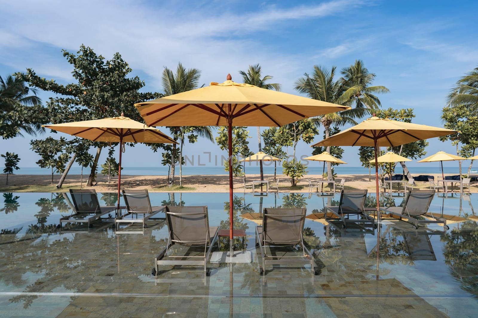 Deckchairs with yellow umbrella in tropical resort hotel pool near beach. by sirawit99