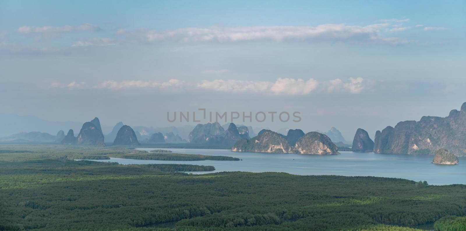 Samed Nang Chee. View of the Phang Nga bay, mangrove tree forest and hills at Andaman sea, Thailand. by sirawit99