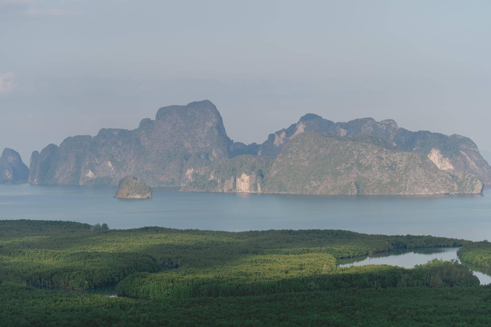 Samed Nang Chee. View of the Phang Nga bay, mangrove tree forest and hills at Andaman sea, Thailand. by sirawit99