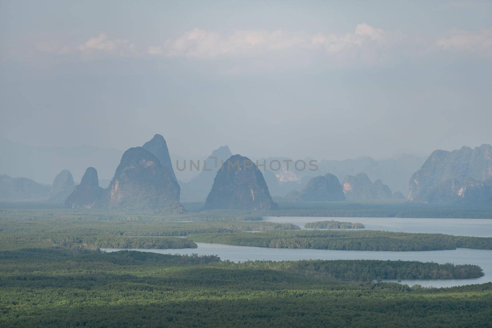 Samed Nang Chee. View of the Phang Nga bay, mangrove tree forest and hills at Andaman sea, Thailand.