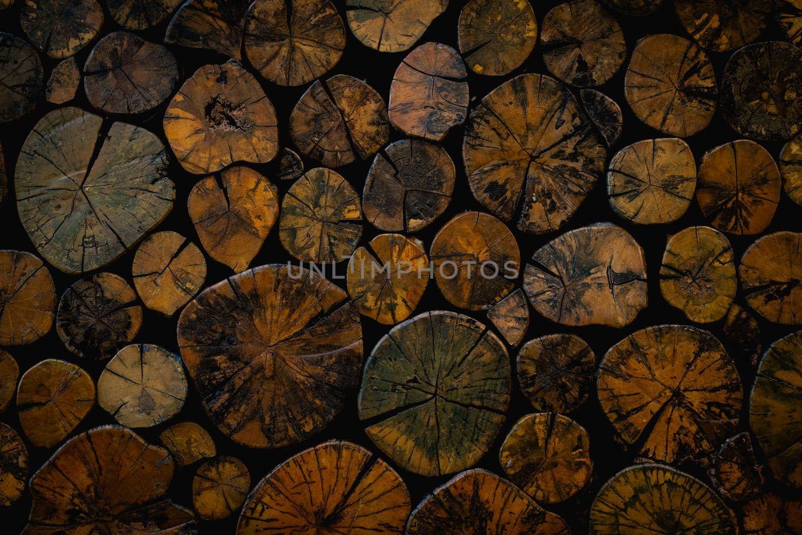 Pile stacked natural sawn wooden logs background wall. Round teak wood stump background.