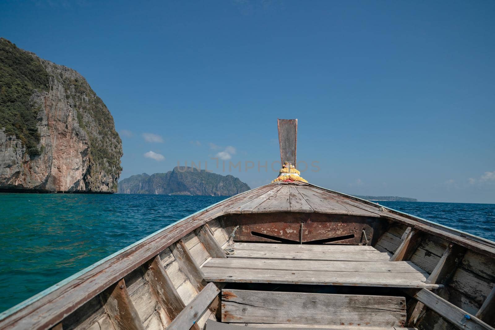 Landscape of Phi Phi Leh island with longtail boat for travel. Andaman sea, Krabi, Phuket Thailand. by sirawit99