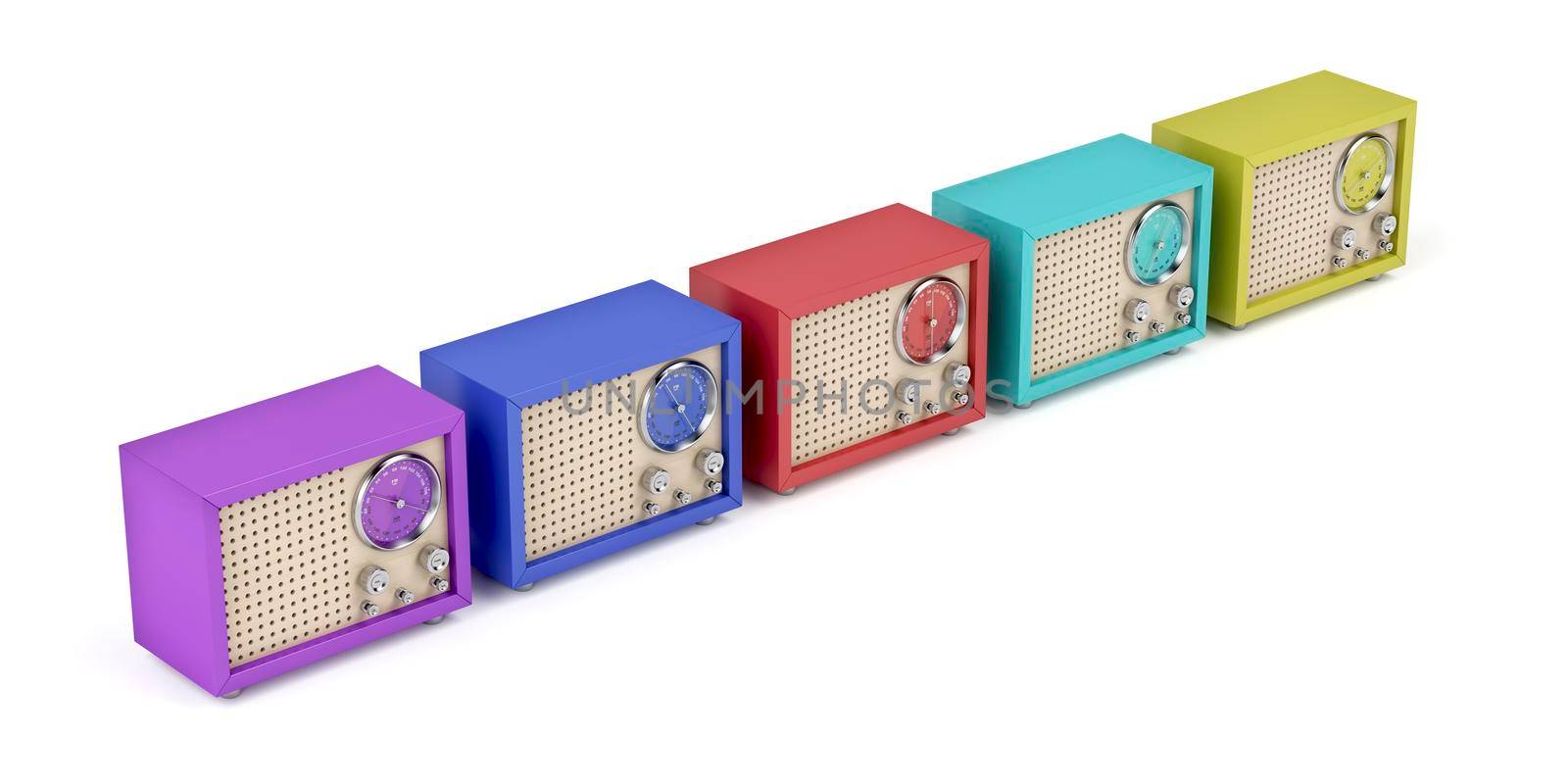 Row with multicolor radios with retro design on white background