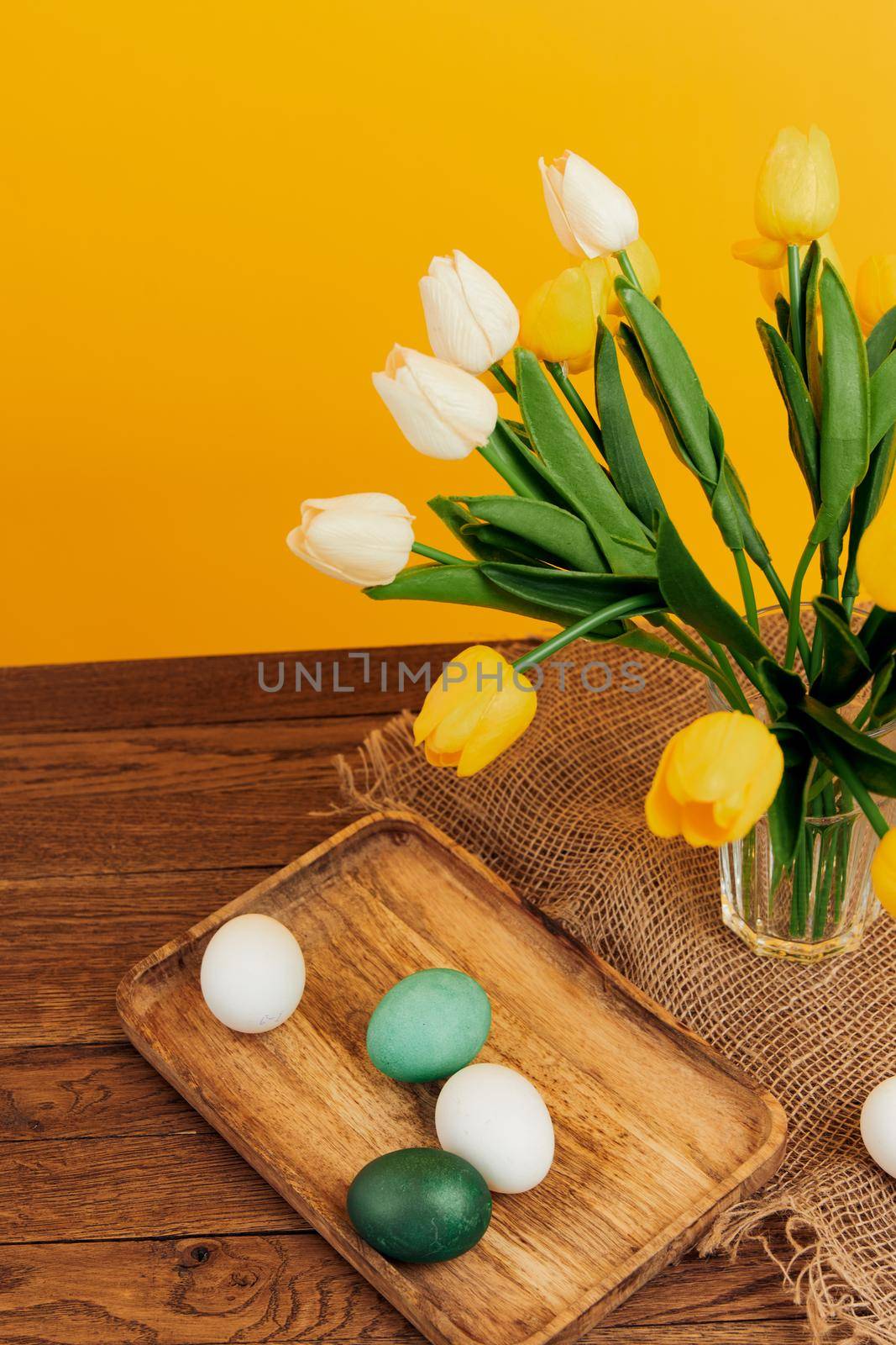 easter eggs bouquet flowers holiday spring yellow background by SHOTPRIME